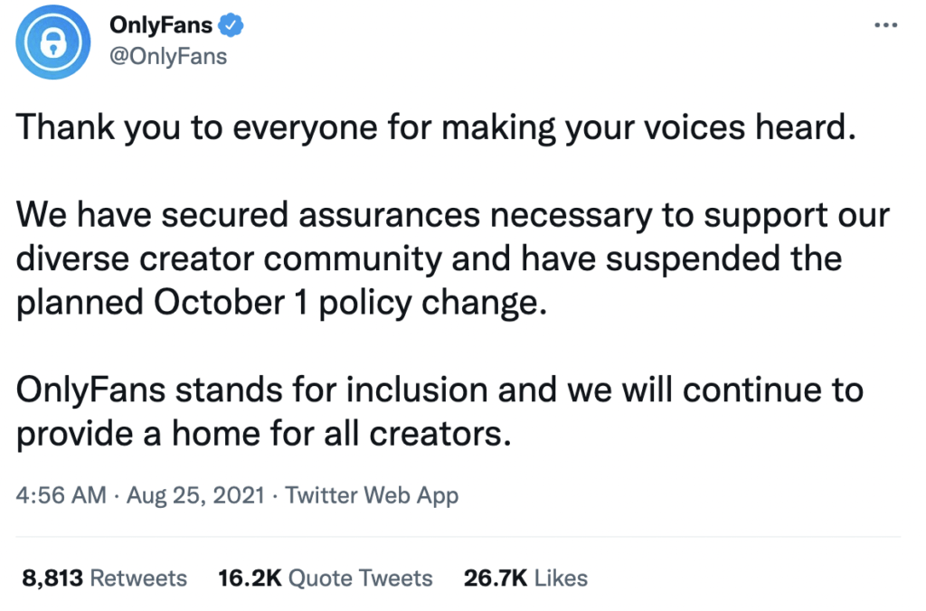 OnlyFans Suspends Its Plan to Ban Sexually Explicit Content After